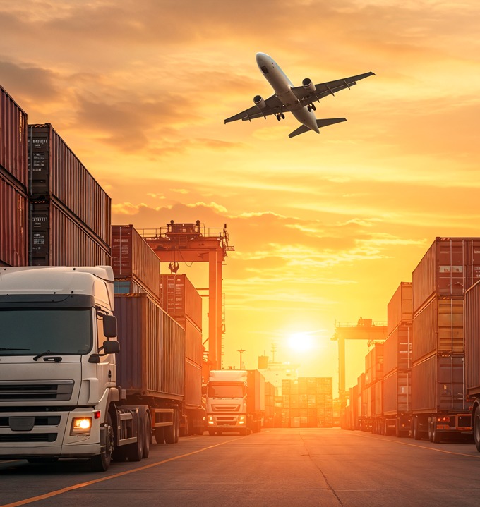 logistics sunset with airplane trucks